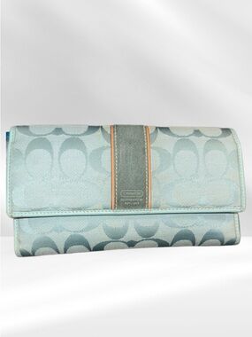 Coach Aqua Signature Continental Wallet with Suede Stripe and Checkbook Sleeve